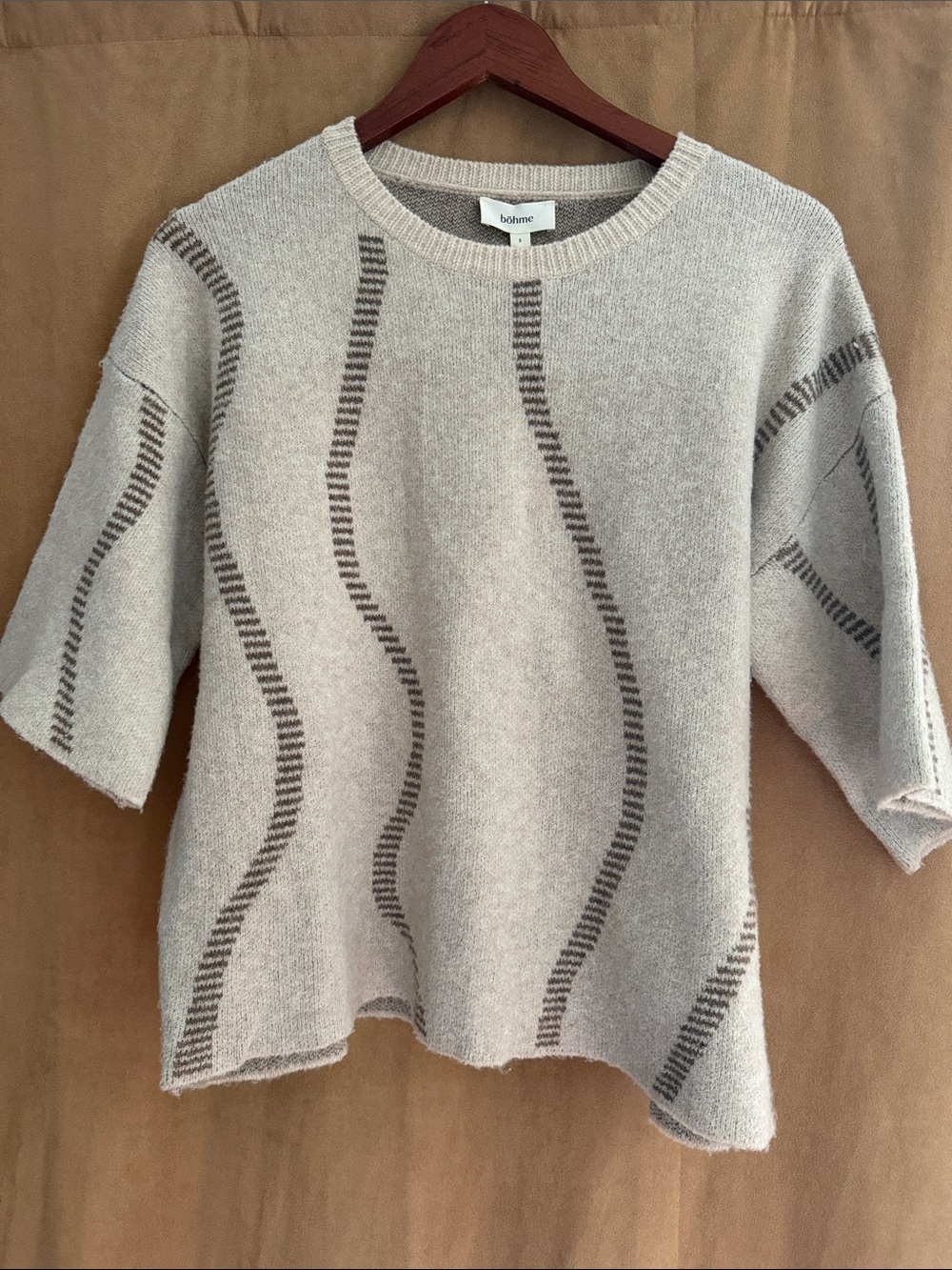 bohme Cream Crewneck Sweater with Brown Wavy Stripes